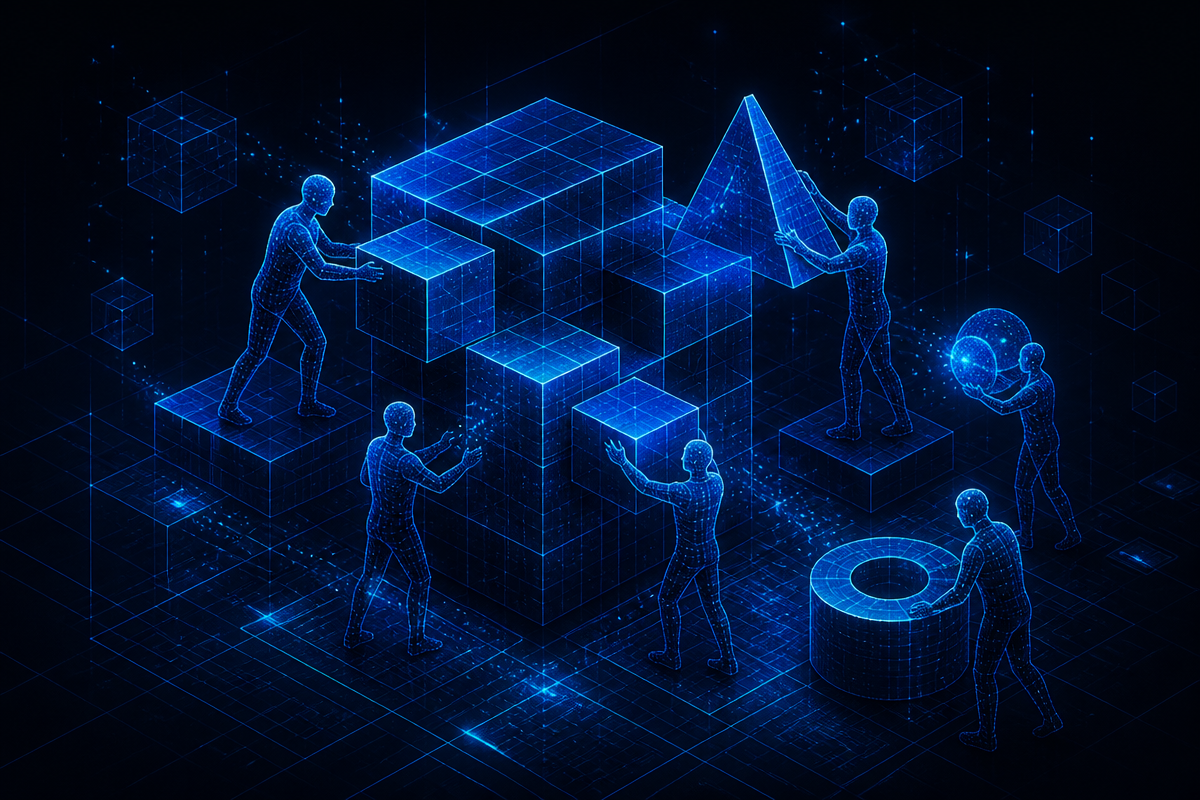 Ilustración digital de personas construyendo juntas soluciones tecnológicas